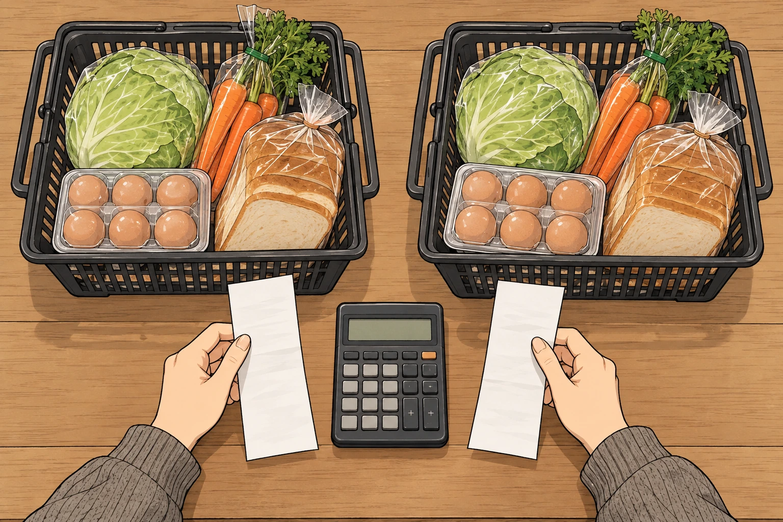 同じ食品を入れた二つの買い物かごと配送明細を比べる場面