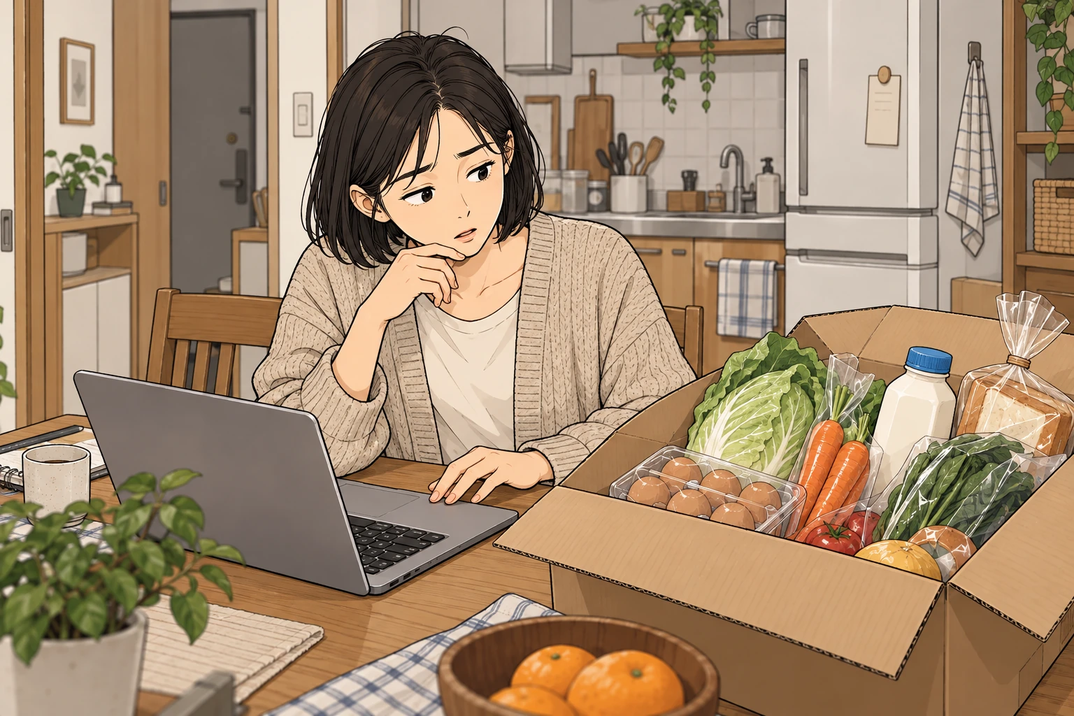 届いた食材の箱とノートパソコンを見比べる女性の生成イラスト