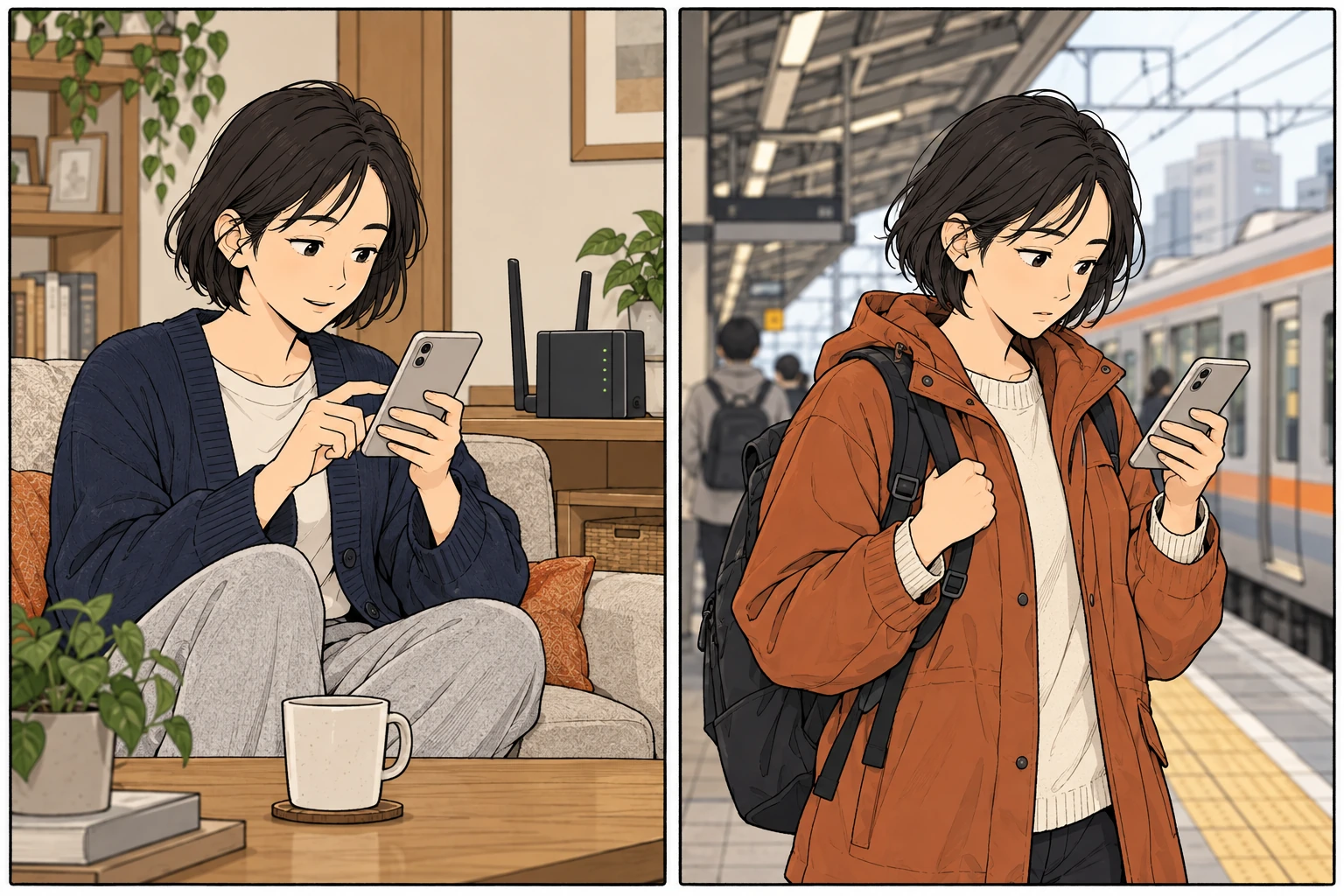 自宅でWi-Fiを使う女性と、旅行先の駅でスマホを見る同じ女性