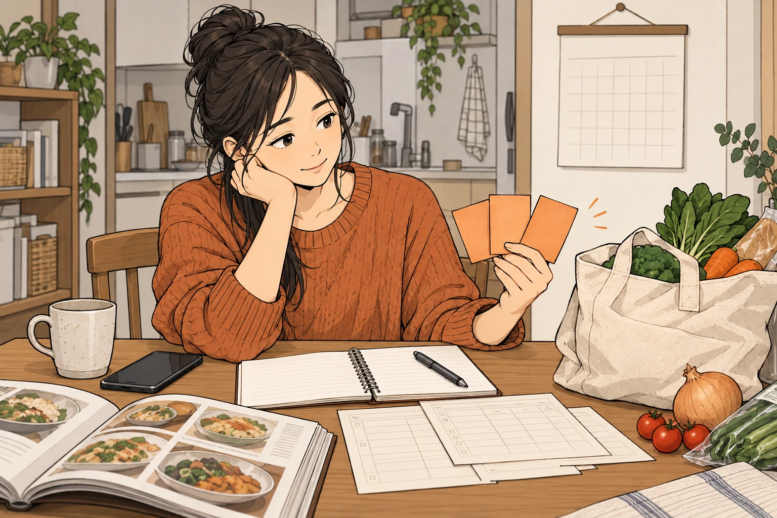 月末の三日分のカードを分けて食費を考える女性