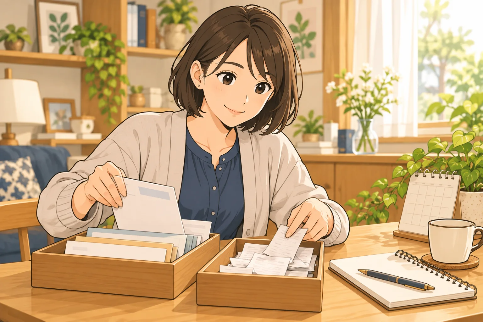 請求書やレシートを机の上で整理する美緒