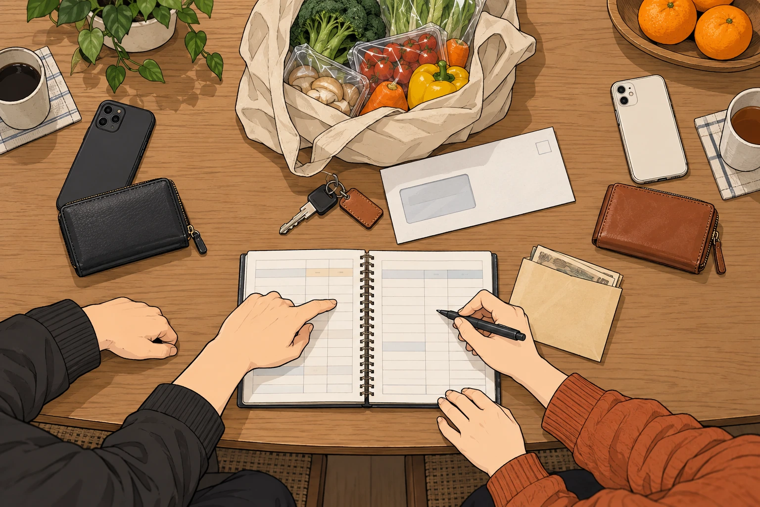 共通の支払い、二人の個人費、年払いの準備を食卓で整理する二人