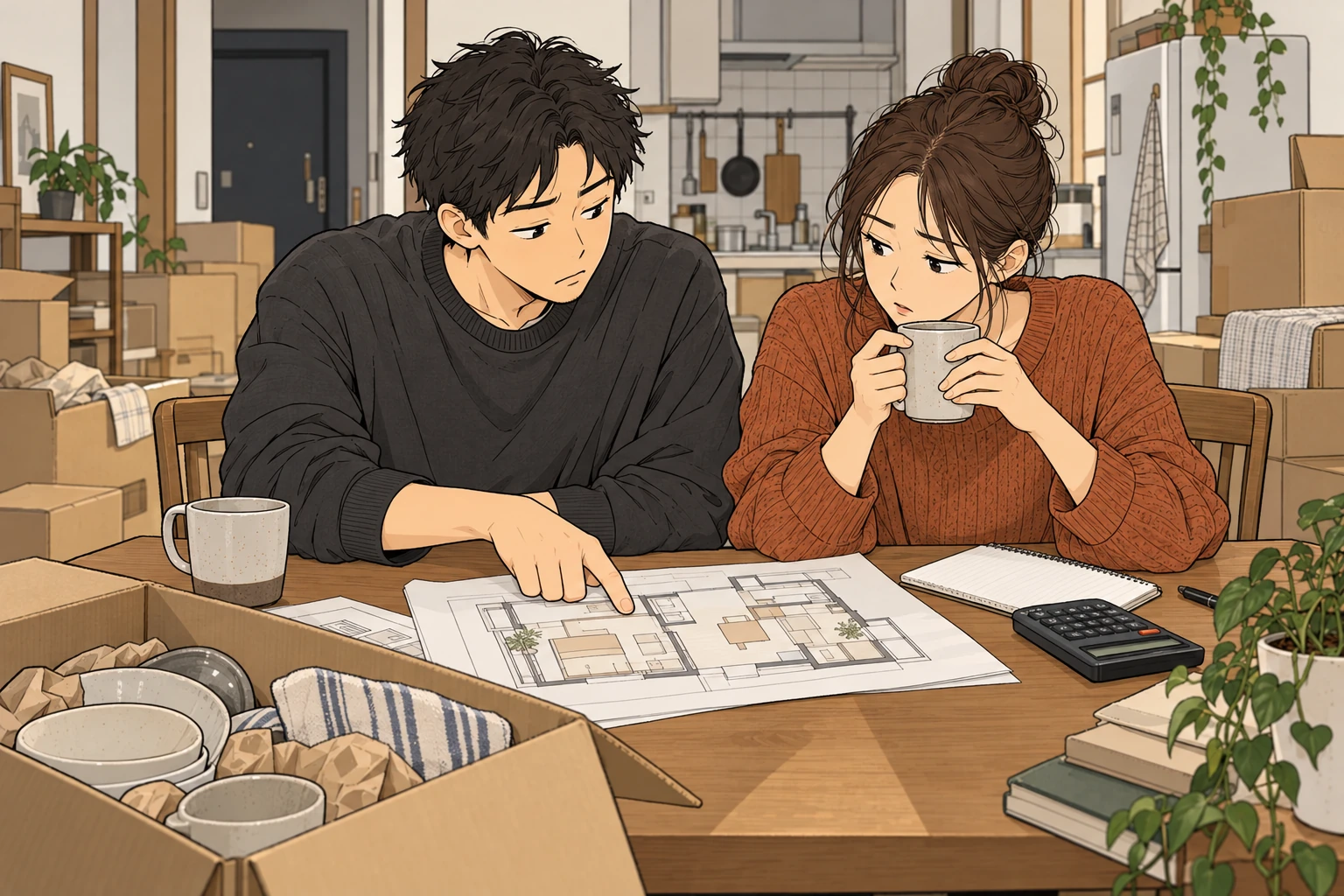 引っ越しの段ボールのそばで間取り図と電卓を見ながら相談する二人の生成イラスト