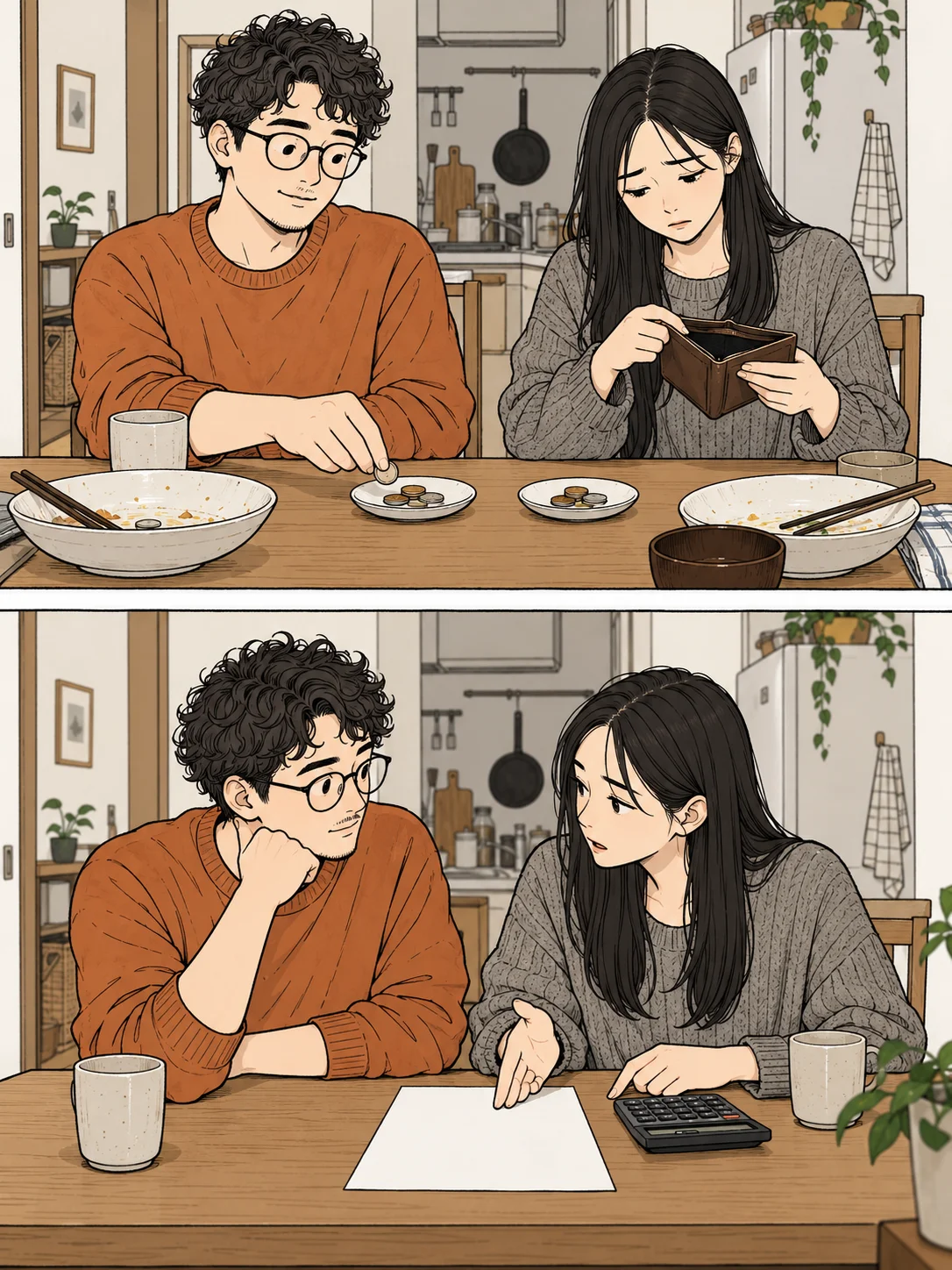同じ額を出した後で、片方が残った財布を見て困り、二人が表を見て相談し直す場面