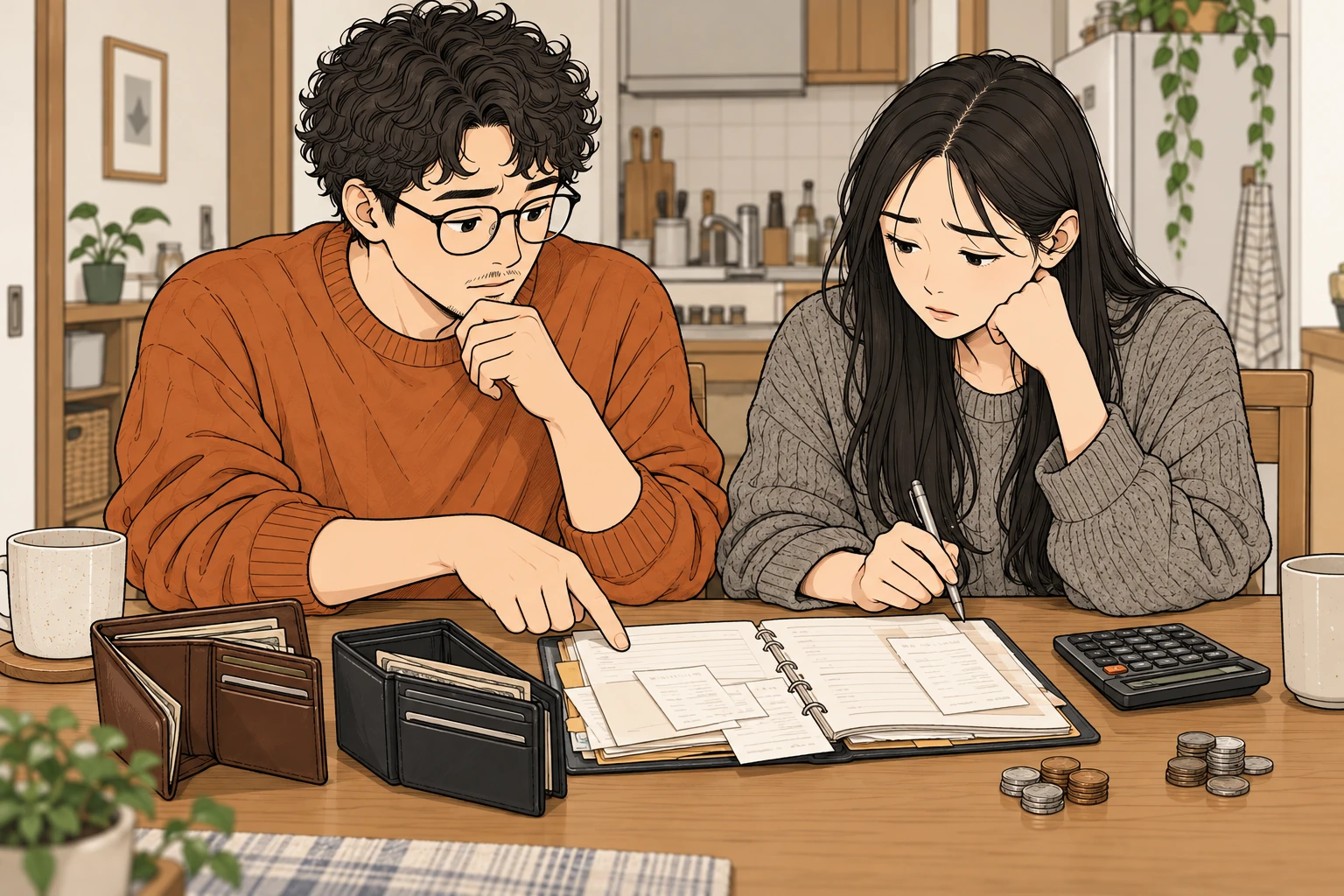 二人の財布と共通の支払いを並べ、分担と残るお金を相談する二人