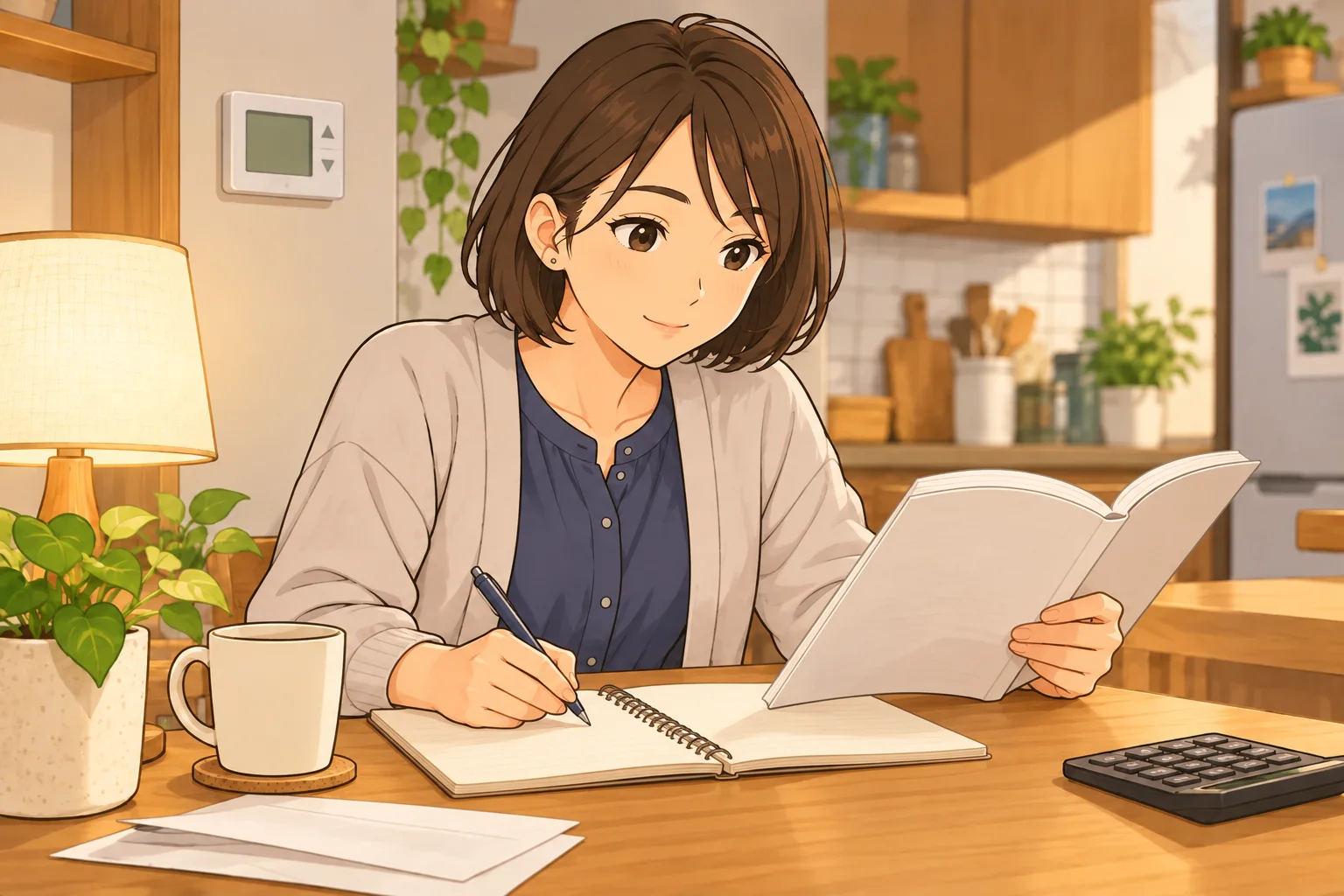 美緒が家計に関わる書類と教材を照らし、FPの知識をノートに整理する