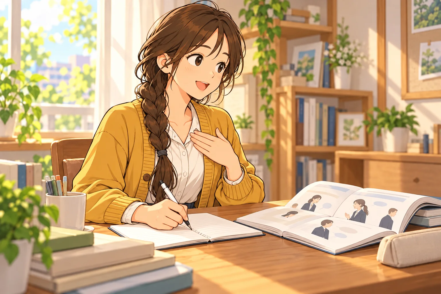 楓がビジネスマナーの教材を開き、敬語を声に出して記述の練習をする