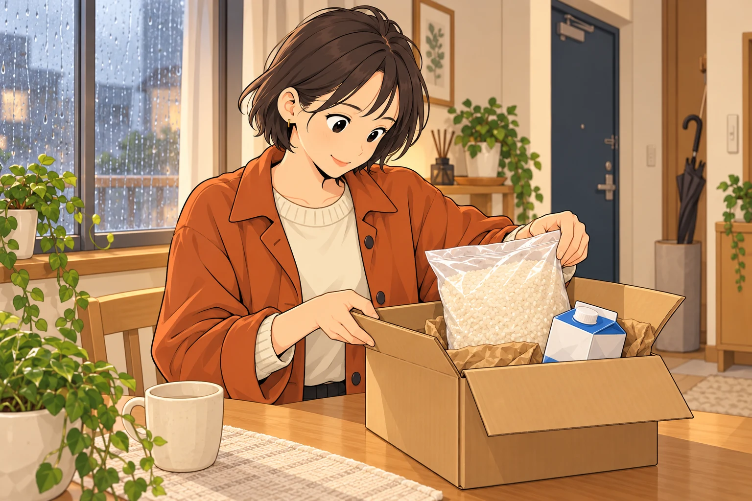 雨の日の室内で、届いた米と飲料をほっとした表情で片付ける紗良