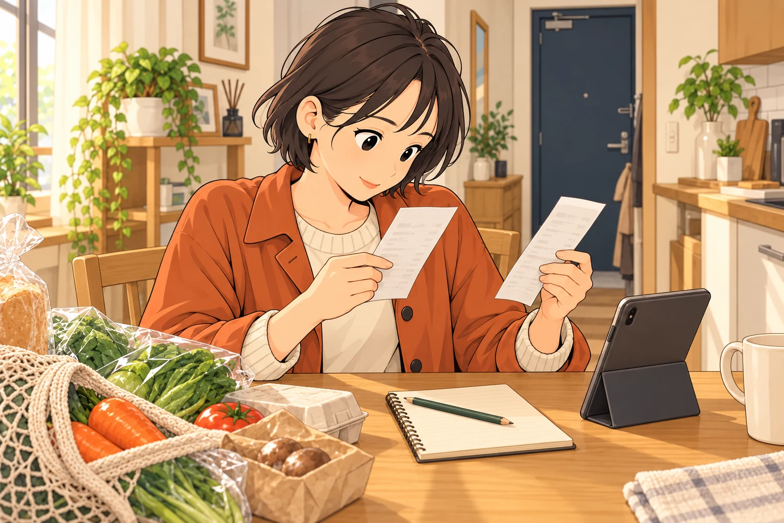 買い物のレシートとスマートフォンを並べ、支払いを落ち着いて確認する紗良