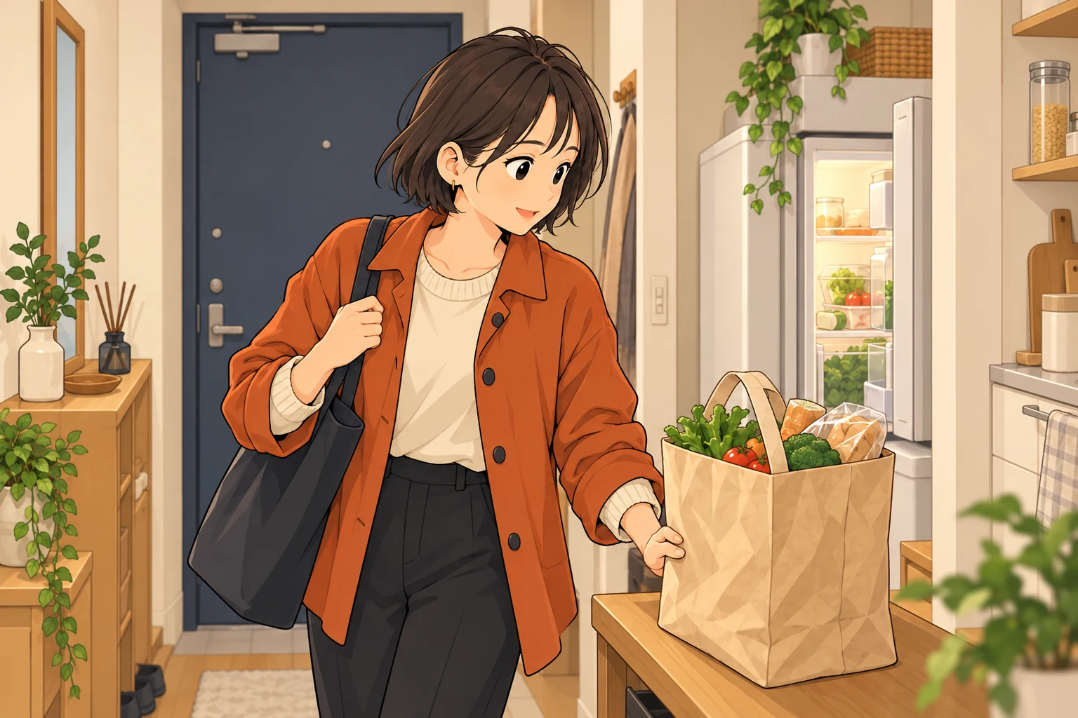 小さな住まいで、届いた一袋の食材を確かめる紗良