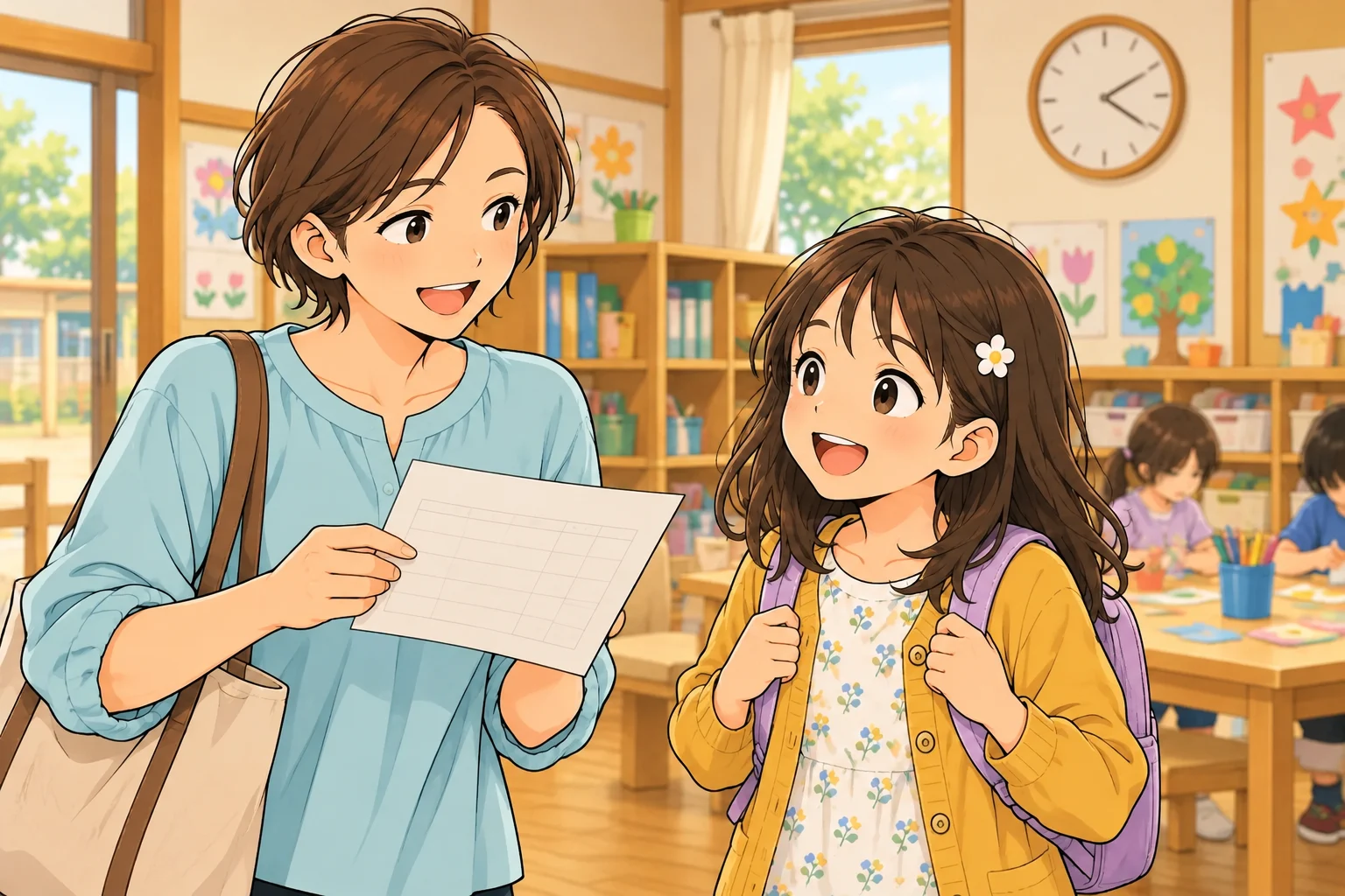 千尋が放課後のクラブへ陽菜を迎えに来て、帰る時刻を確認する