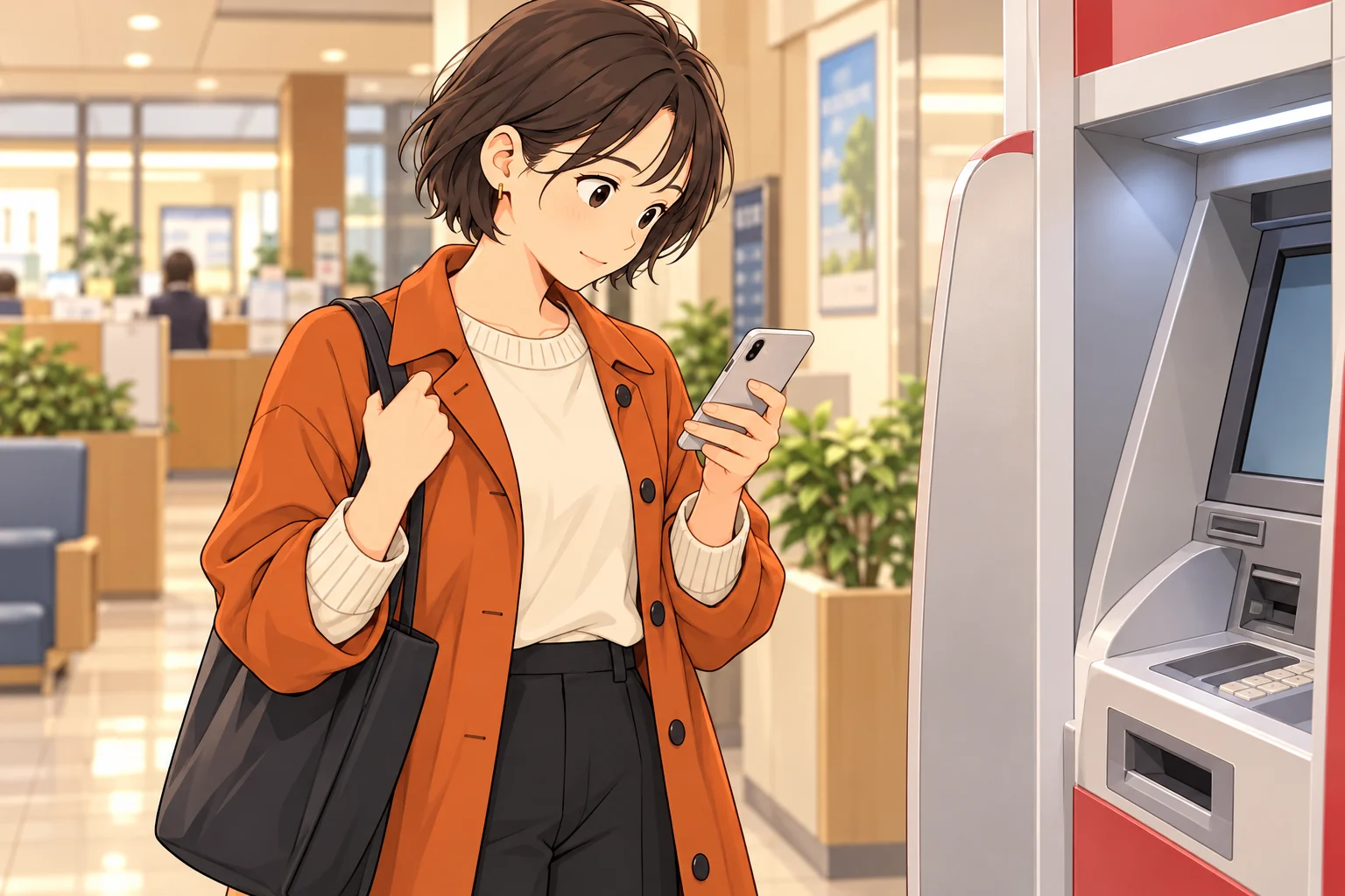紗良がATMを使う前にスマートフォンで手数料の条件を確認する