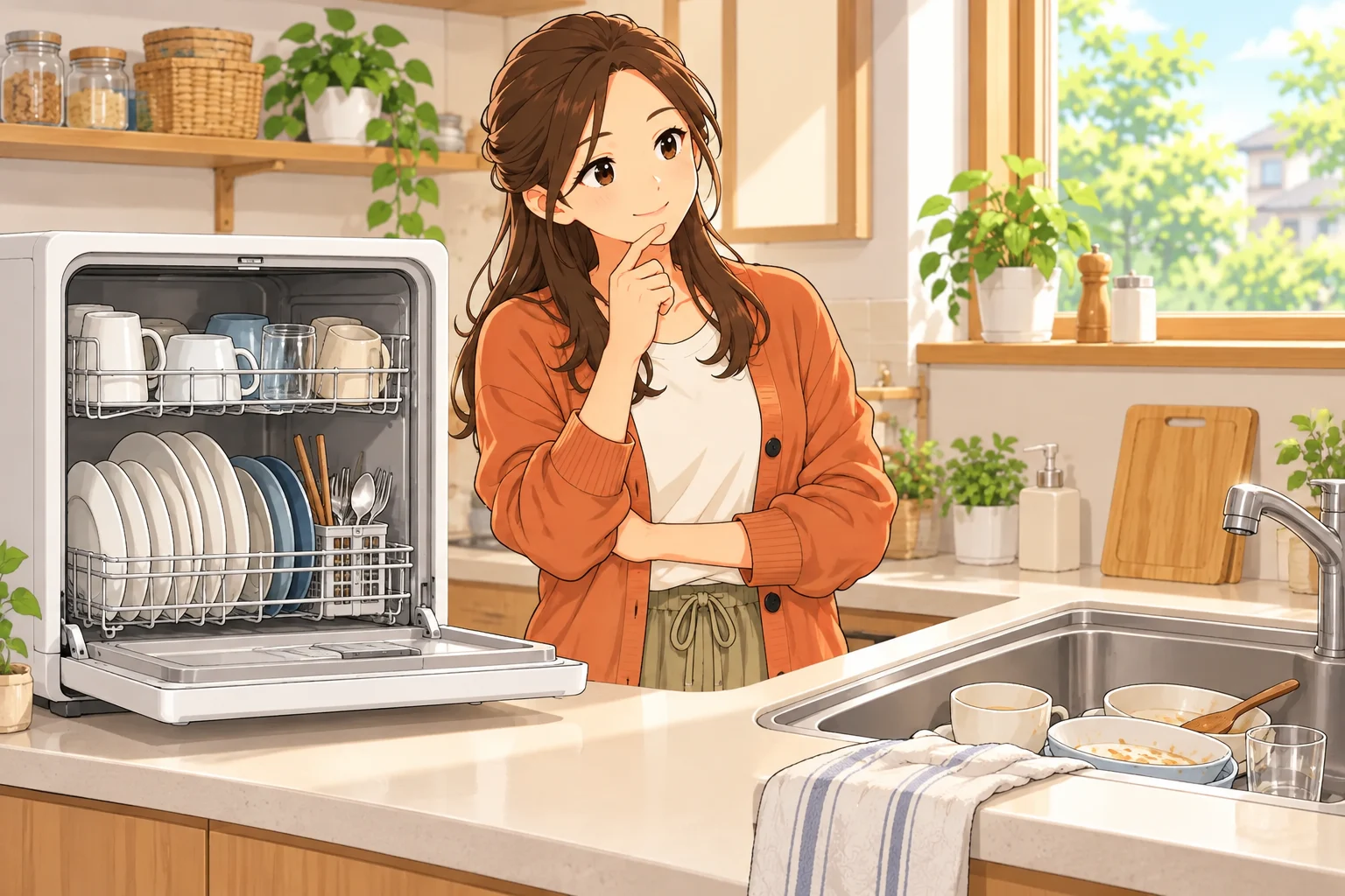 咲が食器を並べた卓上食洗機とシンクを見て、日々の食器量に合うか考える