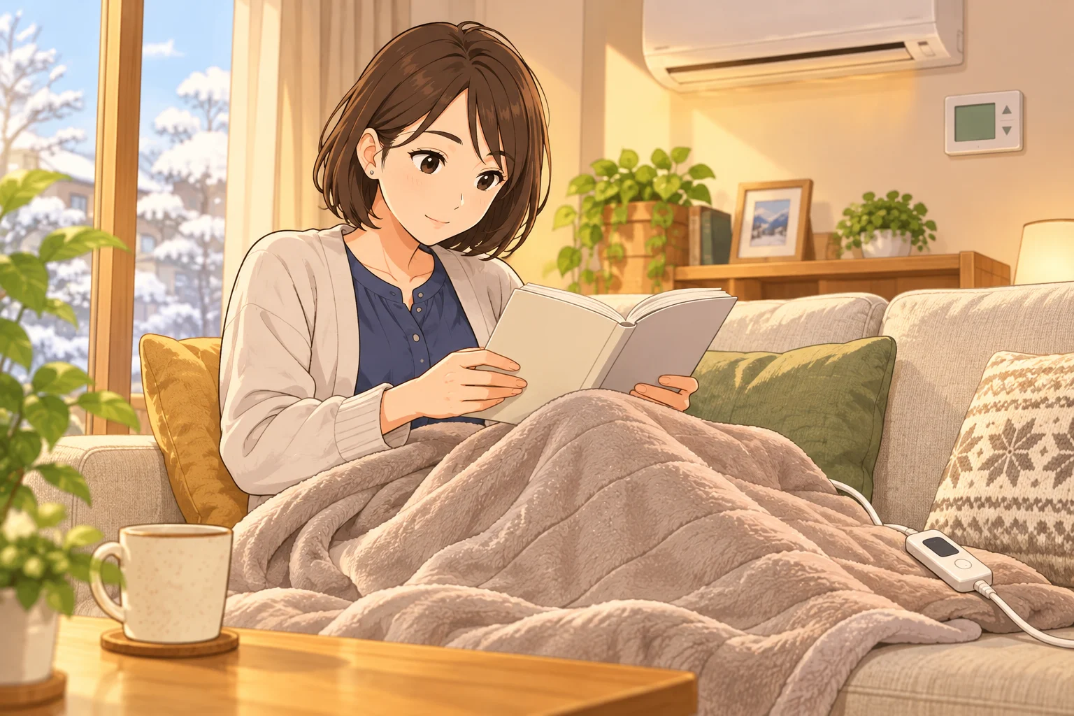 美緒が暖かい部屋のソファで起きて読書し、脚に電気毛布を掛けている