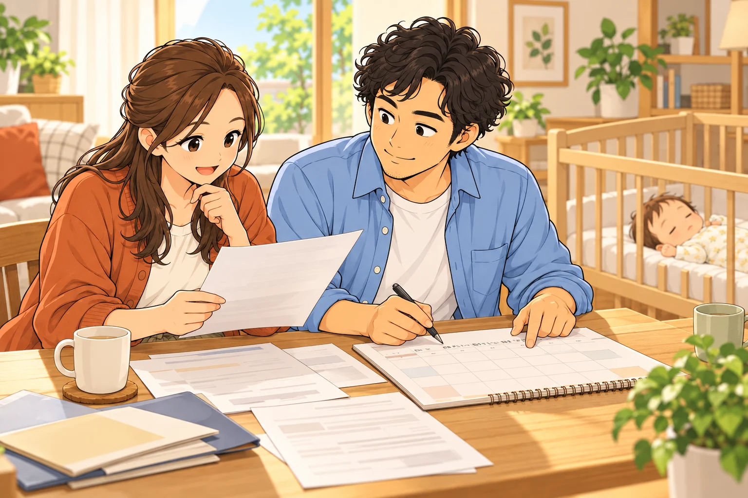 直人と咲が育休の申請書と予定を一緒に確認し、陽が近くのベビーベッドで休む