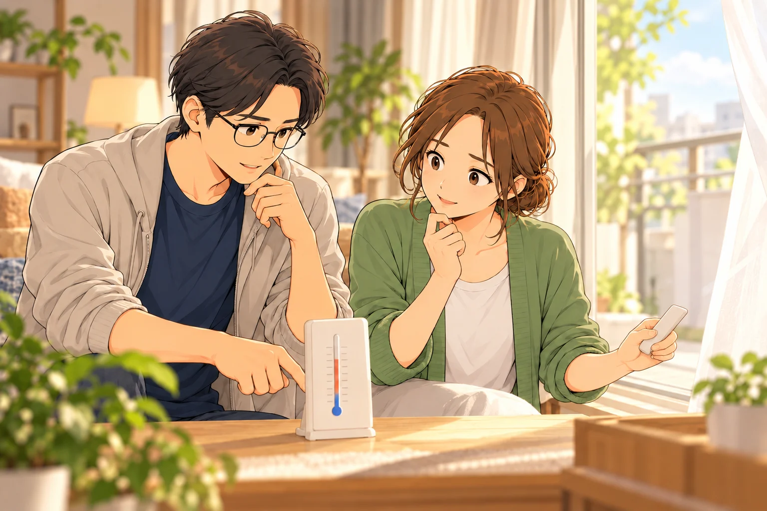 室温計を前に、風の当たり方とエアコンの調整を話し合う悠と葵