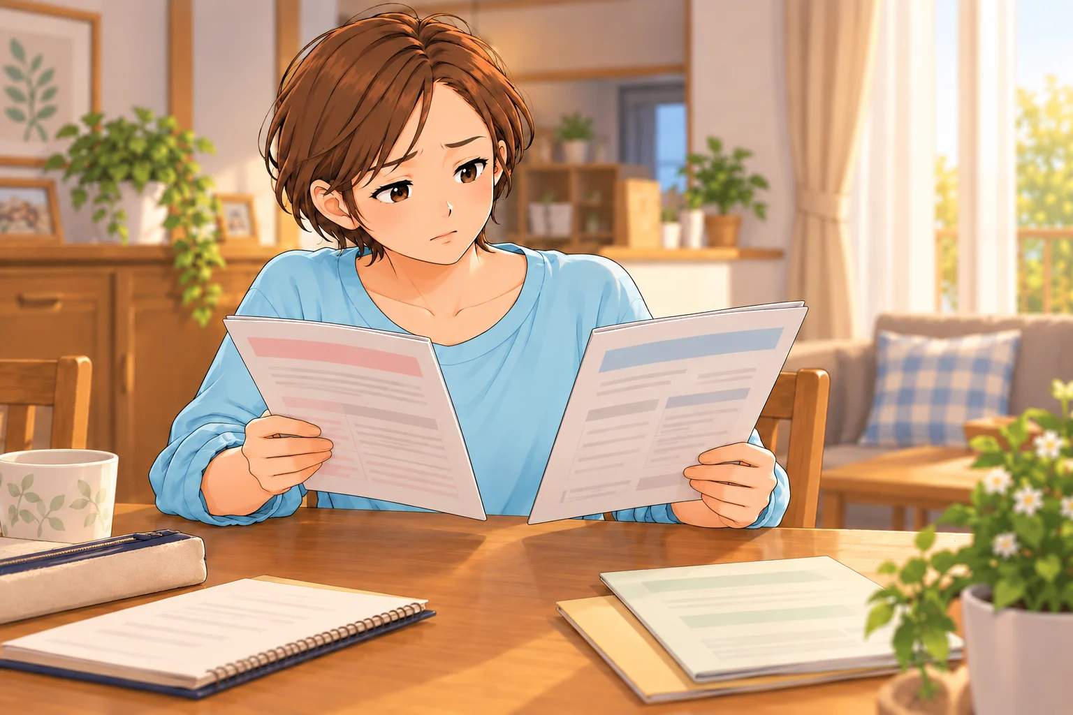 家族それぞれの保険書類を並べ、補償の重なりを確認する千尋