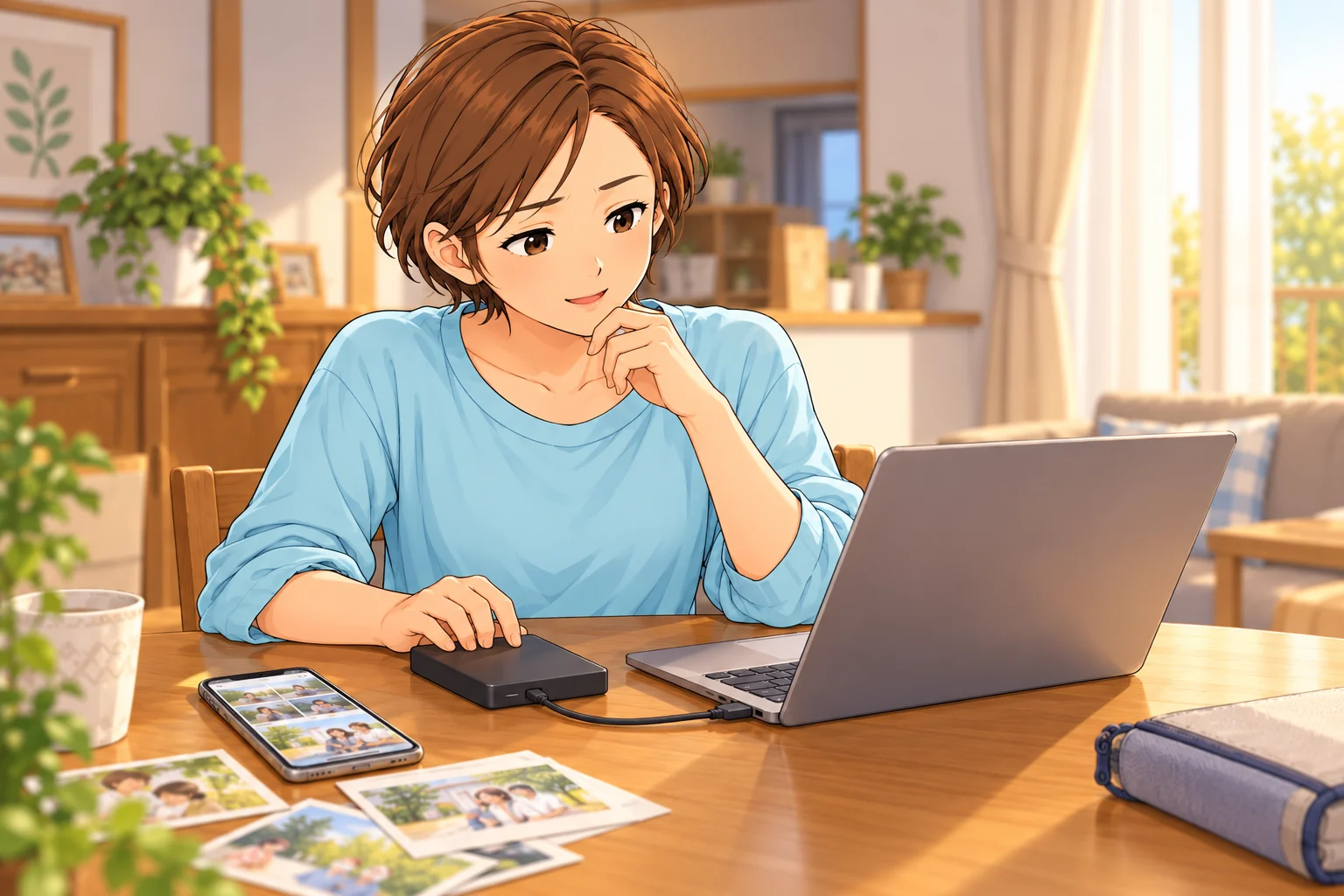 スマートフォンの家族写真と外付けの保存先を、机で確かめる千尋