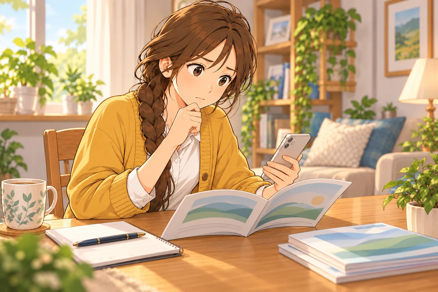 外貨預金の冊子とスマートフォンを前に、条件を慎重に読む楓