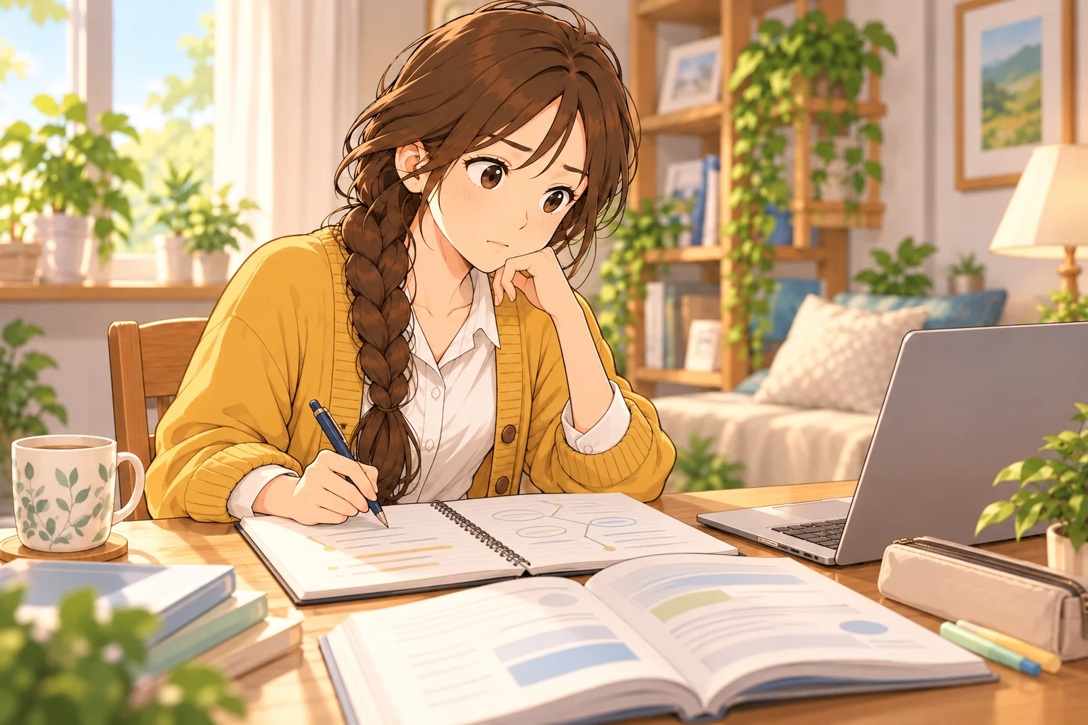 入門書とノートを開き、ITパスポートの学習を始める楓