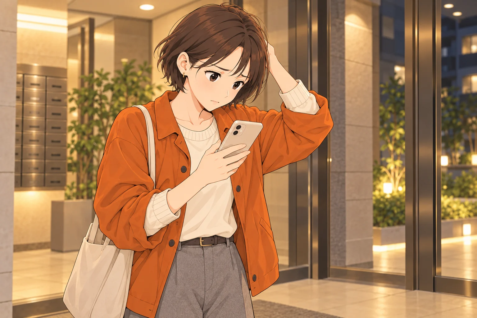 夜の明るい場所で、鍵をなくした連絡先をスマートフォンで確かめる紗良