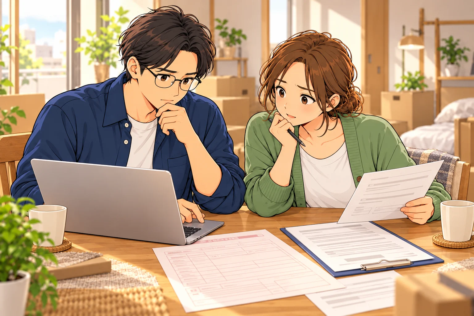 賃貸契約書と申請用の書類を並べ、自治体の案内を確かめる悠と葵