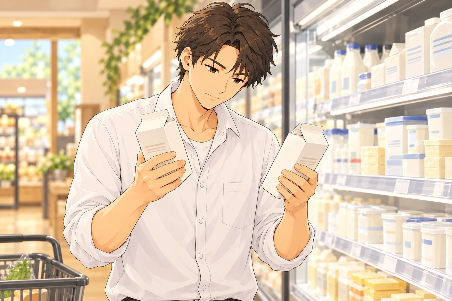 売場で二つの乳製品の紙パックを見比べる颯太