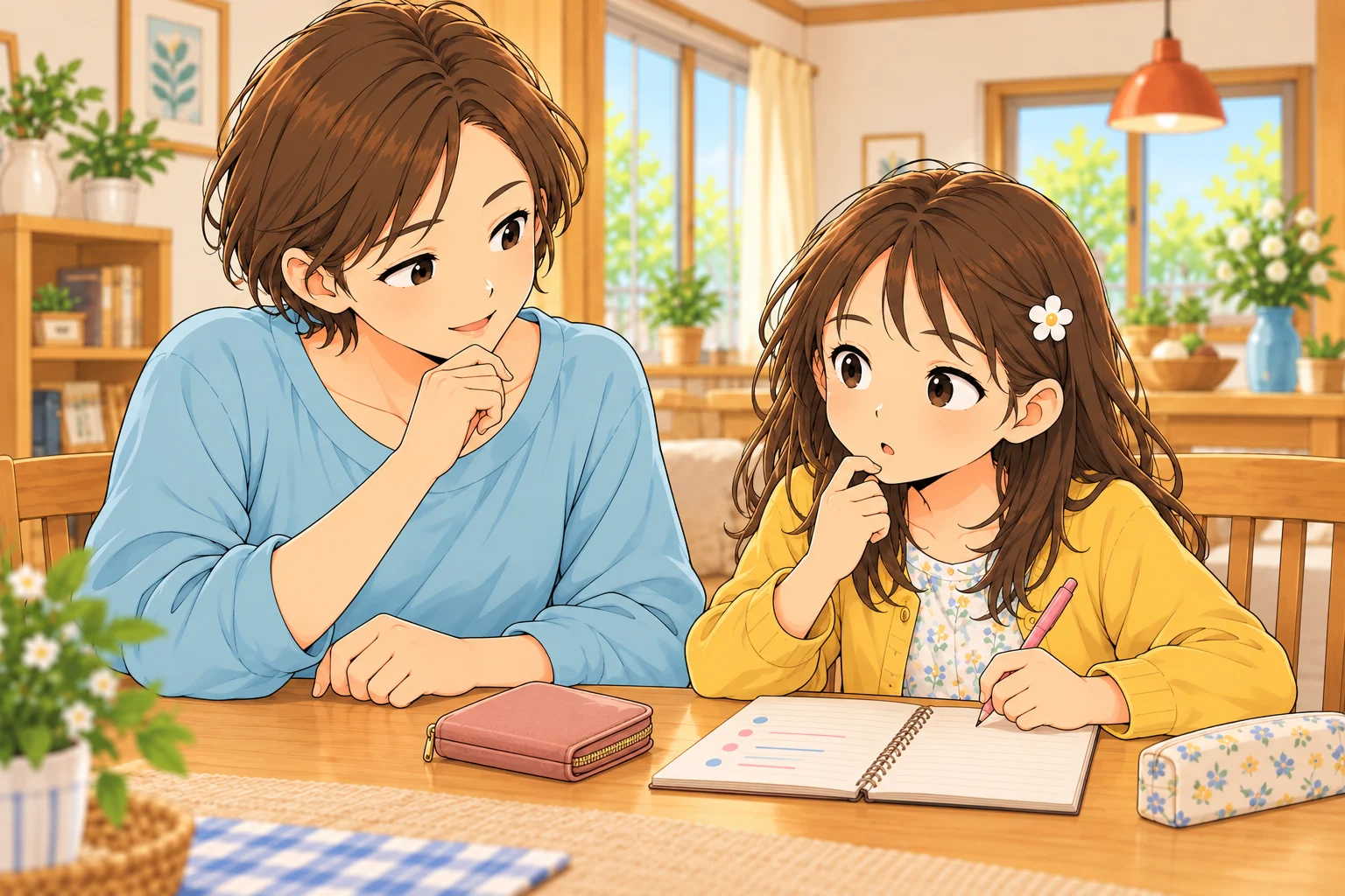財布とノートを前に、買いたい物を話し合う千尋と陽菜
