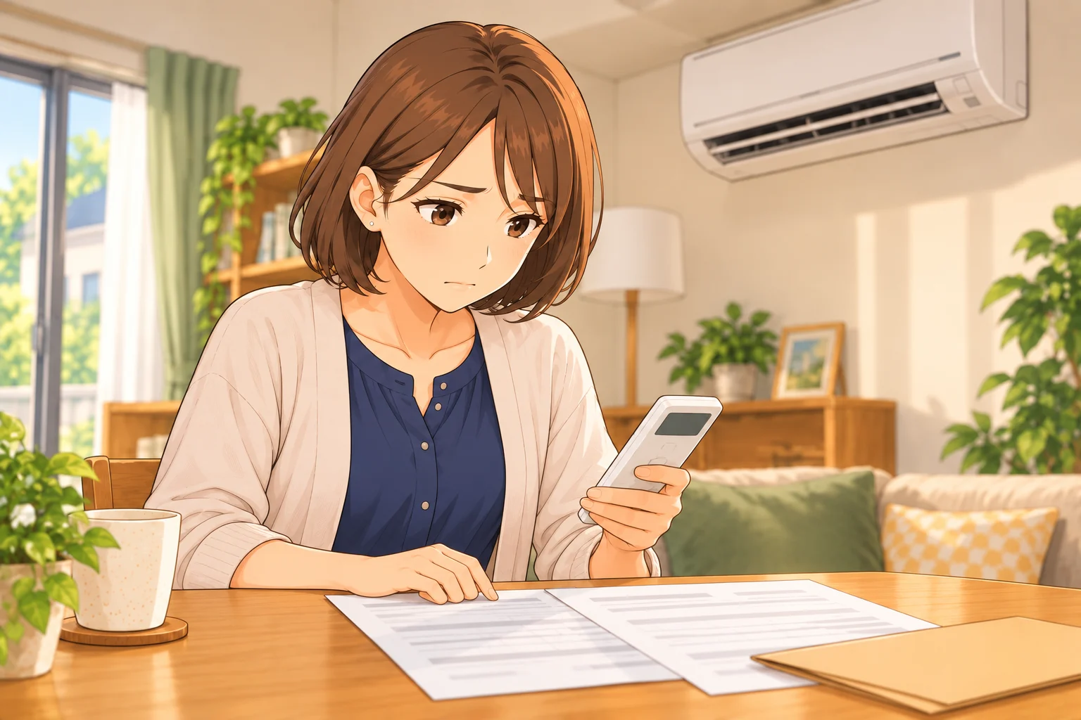 止まったエアコンの下で、リモコンと契約書を前に連絡を考える美緒