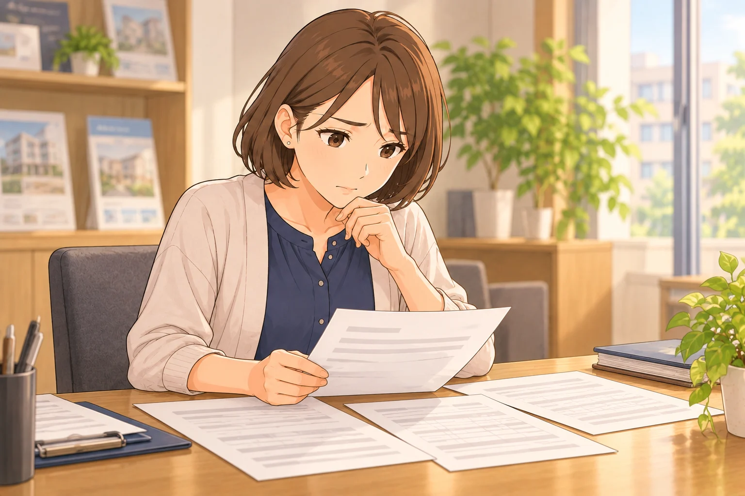 入居申込書と保証に関する書類を前に、費用の説明を確認する美緒