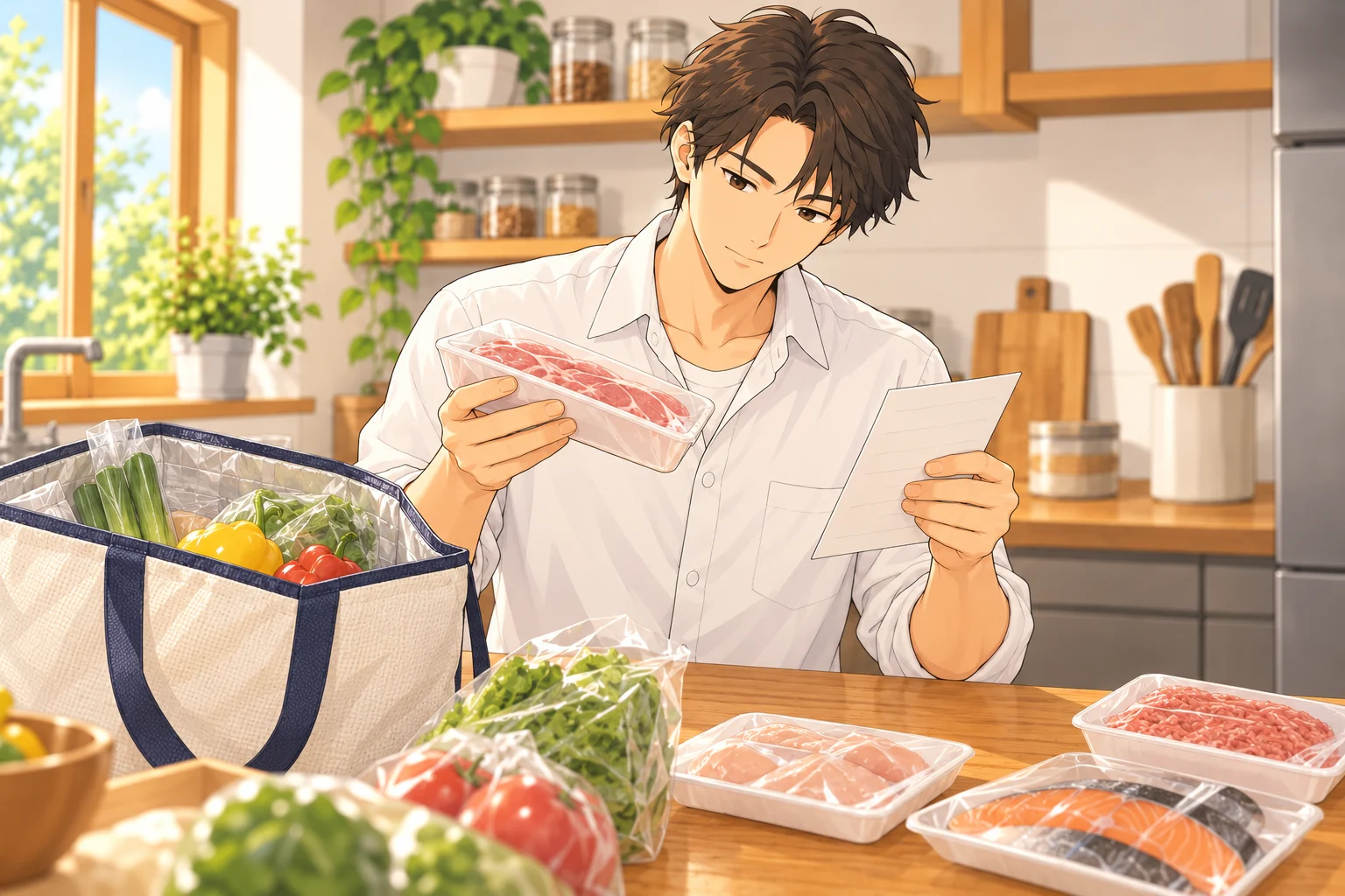 保冷バッグから取り出した未開封の肉のトレーと買い物メモを確認する颯太