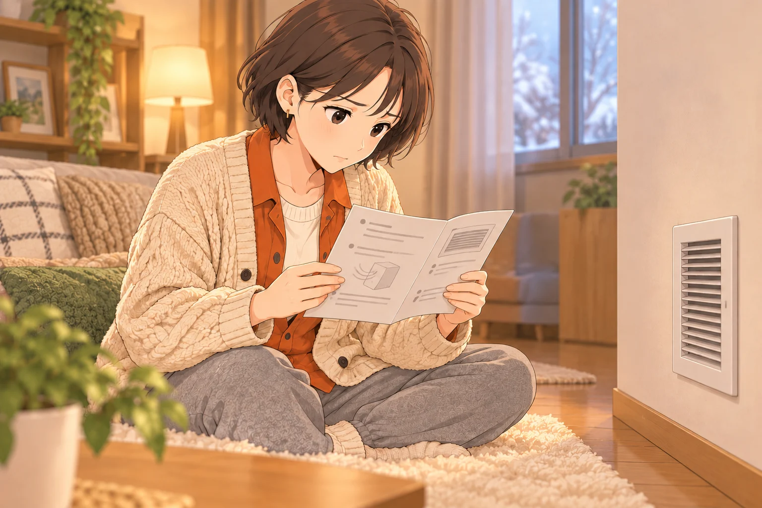 冬の部屋で、給気口の位置と椅子の場所を確認する紗良