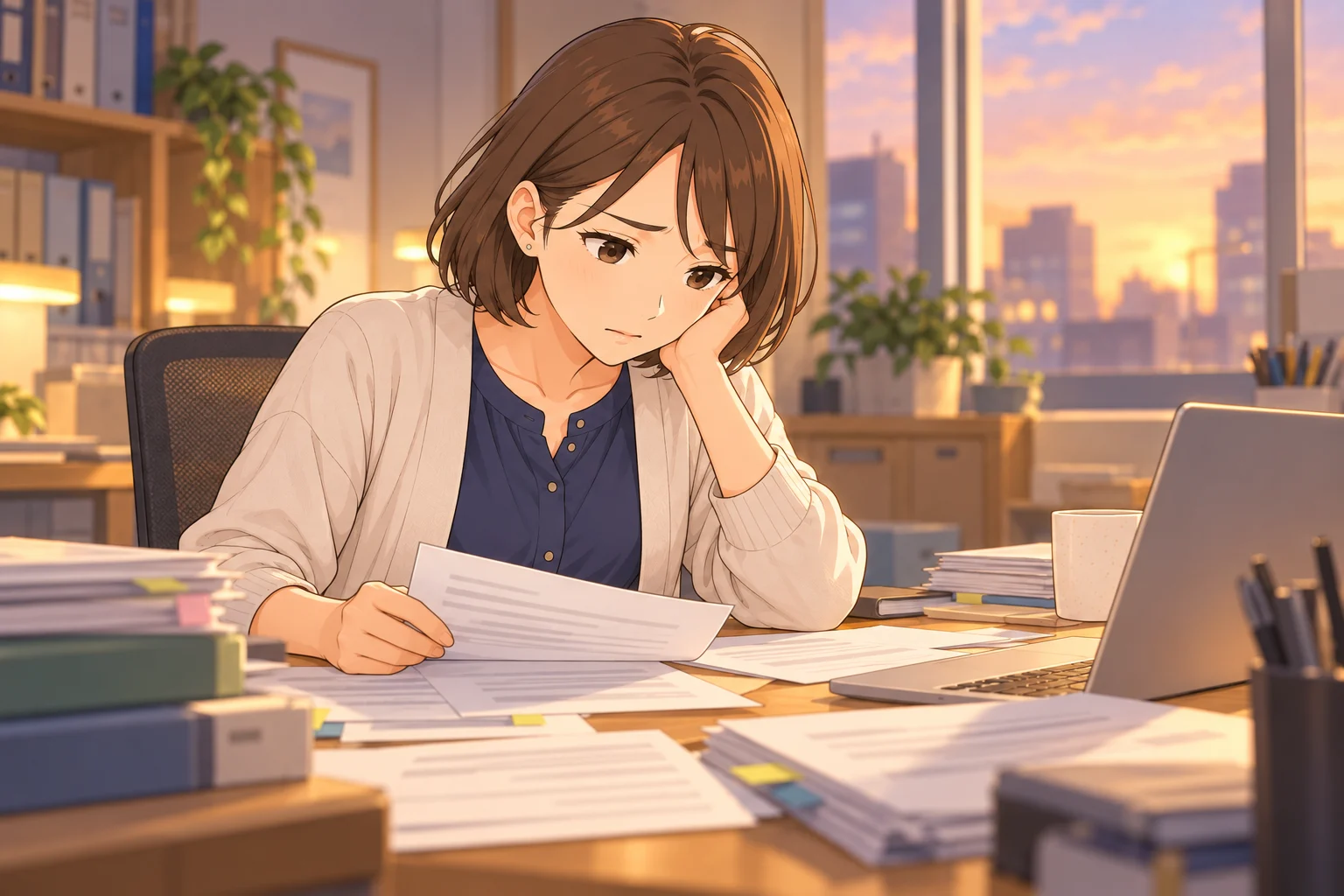 仕事の書類が重なる机で、業務と期限を相談用のメモにまとめる美緒