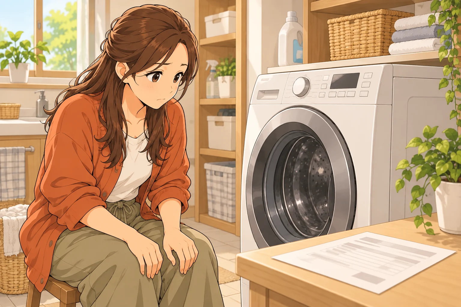 動かない洗濯機のそばで、修理の見積りを前に心配そうに座る咲