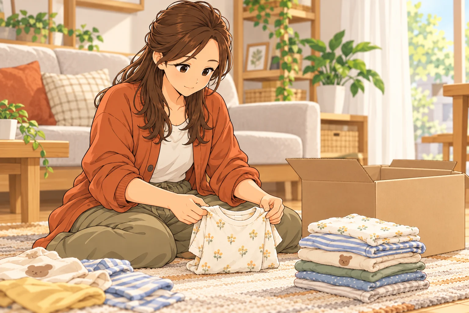 小さくなった子どもの服を、箱のそばで丁寧にたたむ咲