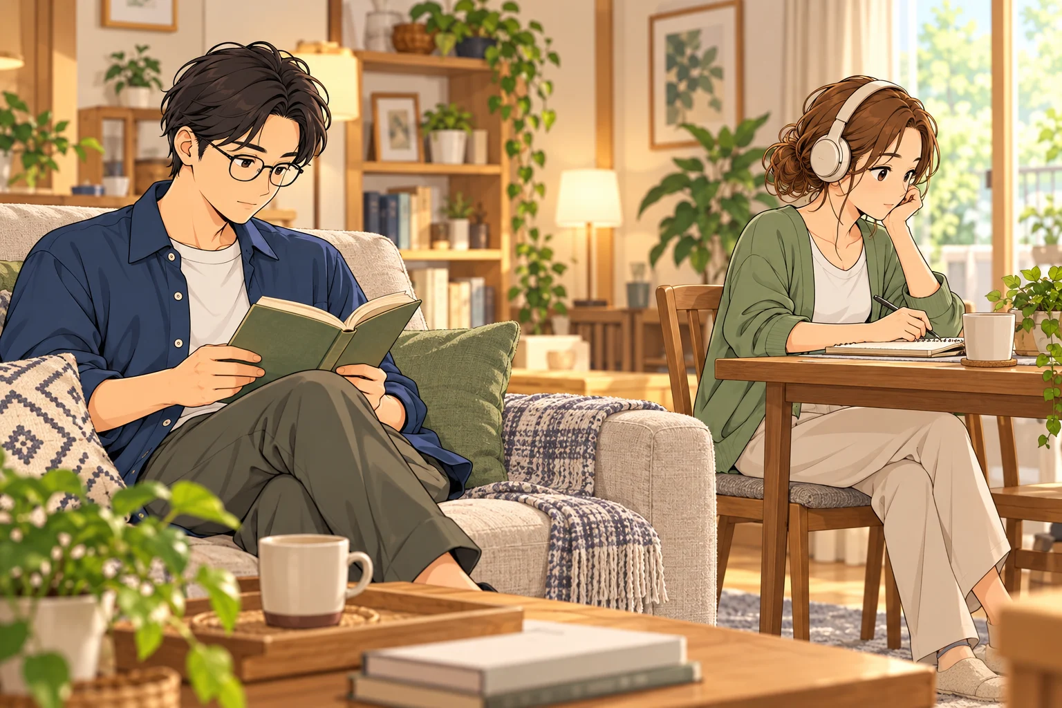 同じリビングで、読書とヘッドホンを着けての書き物を別々に楽しむ悠と葵
