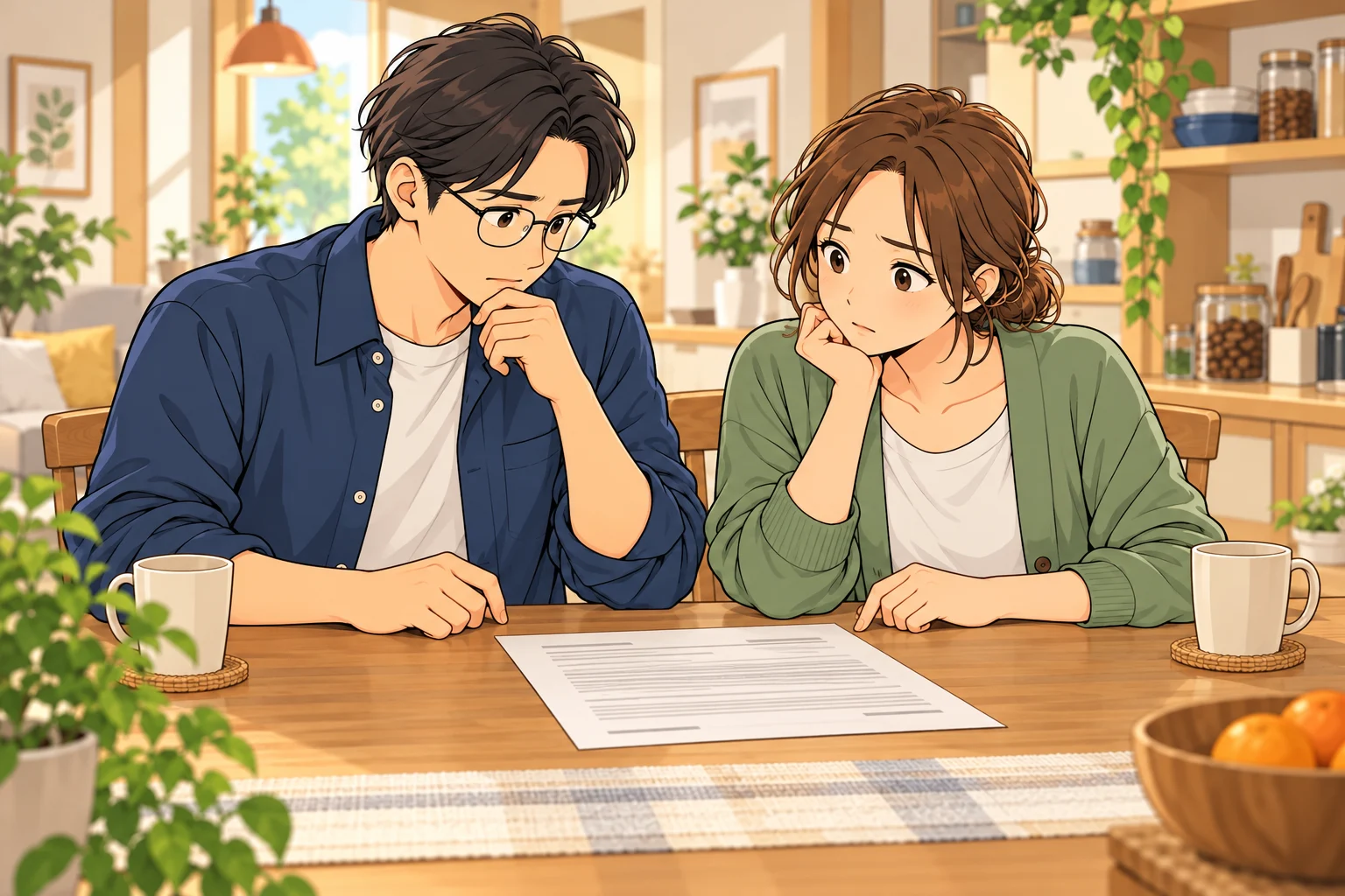 二人の賃貸契約書を机に置き、慎重に内容を読む悠と葵