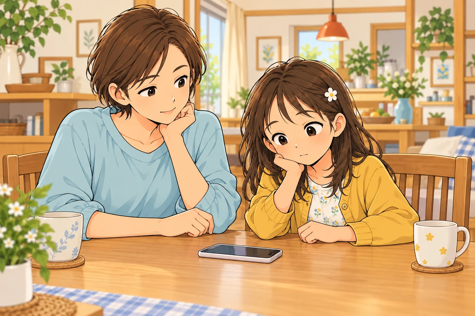 机に置いたスマートフォンを一緒に見ながら、落ち着いて話す千尋と陽菜