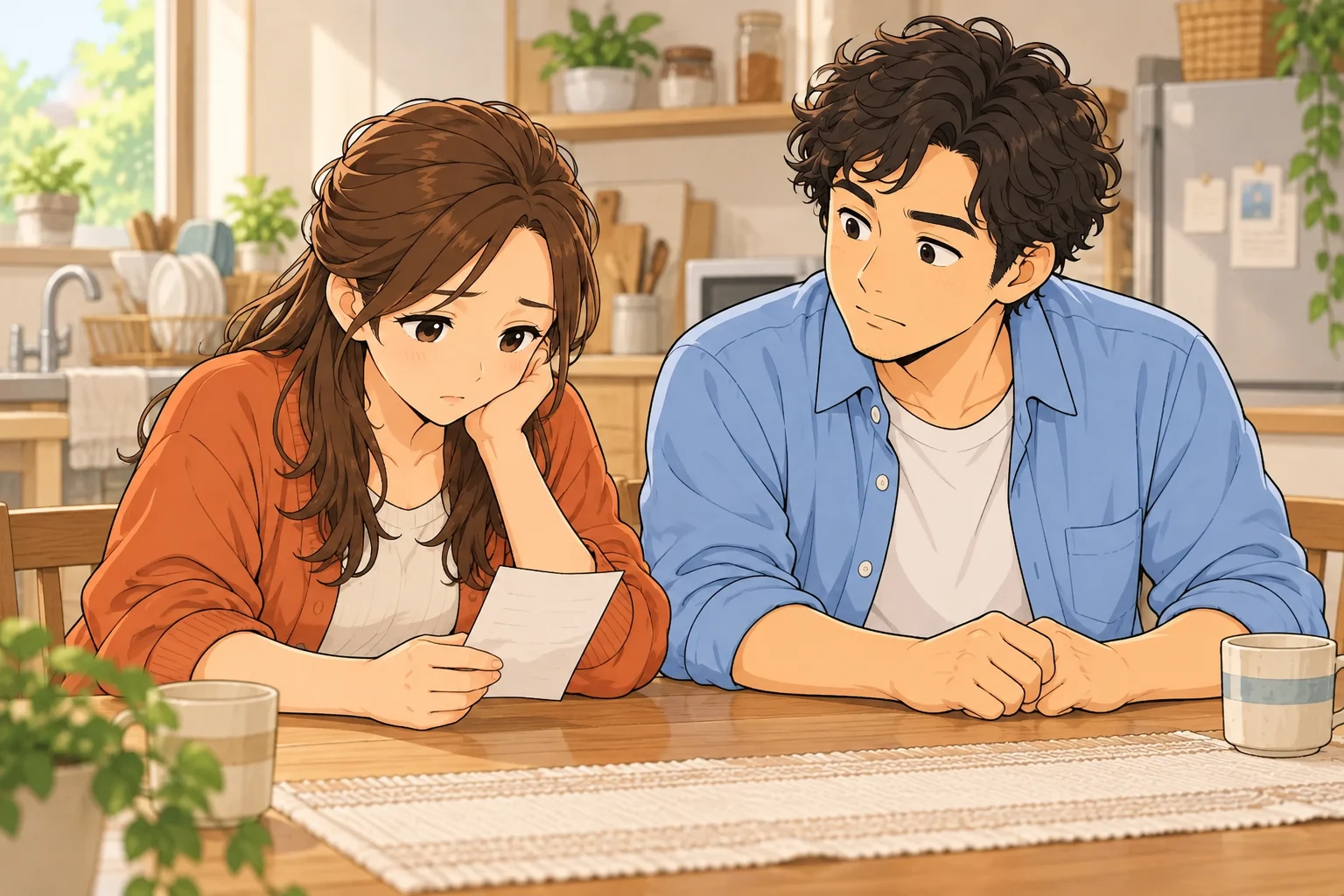 家事のメモを前に肩を落とす咲と、隣で静かに話を聞く直人