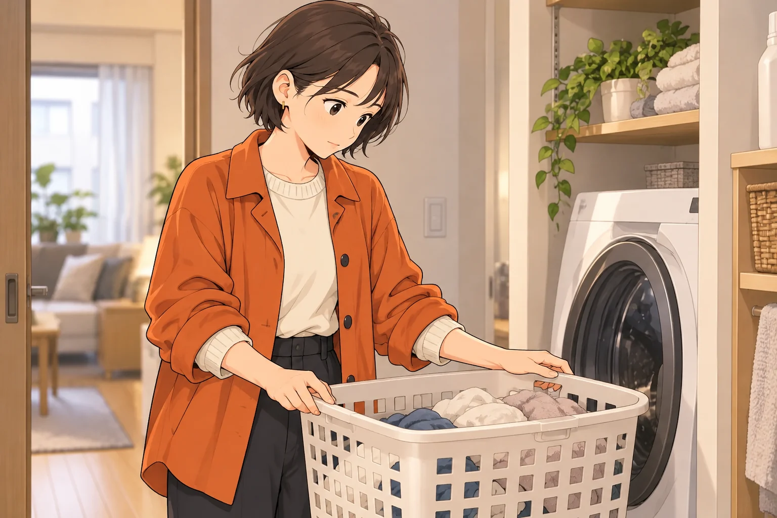 洗濯かごと洗濯機のそばで、たまった衣類を見て考える紗良