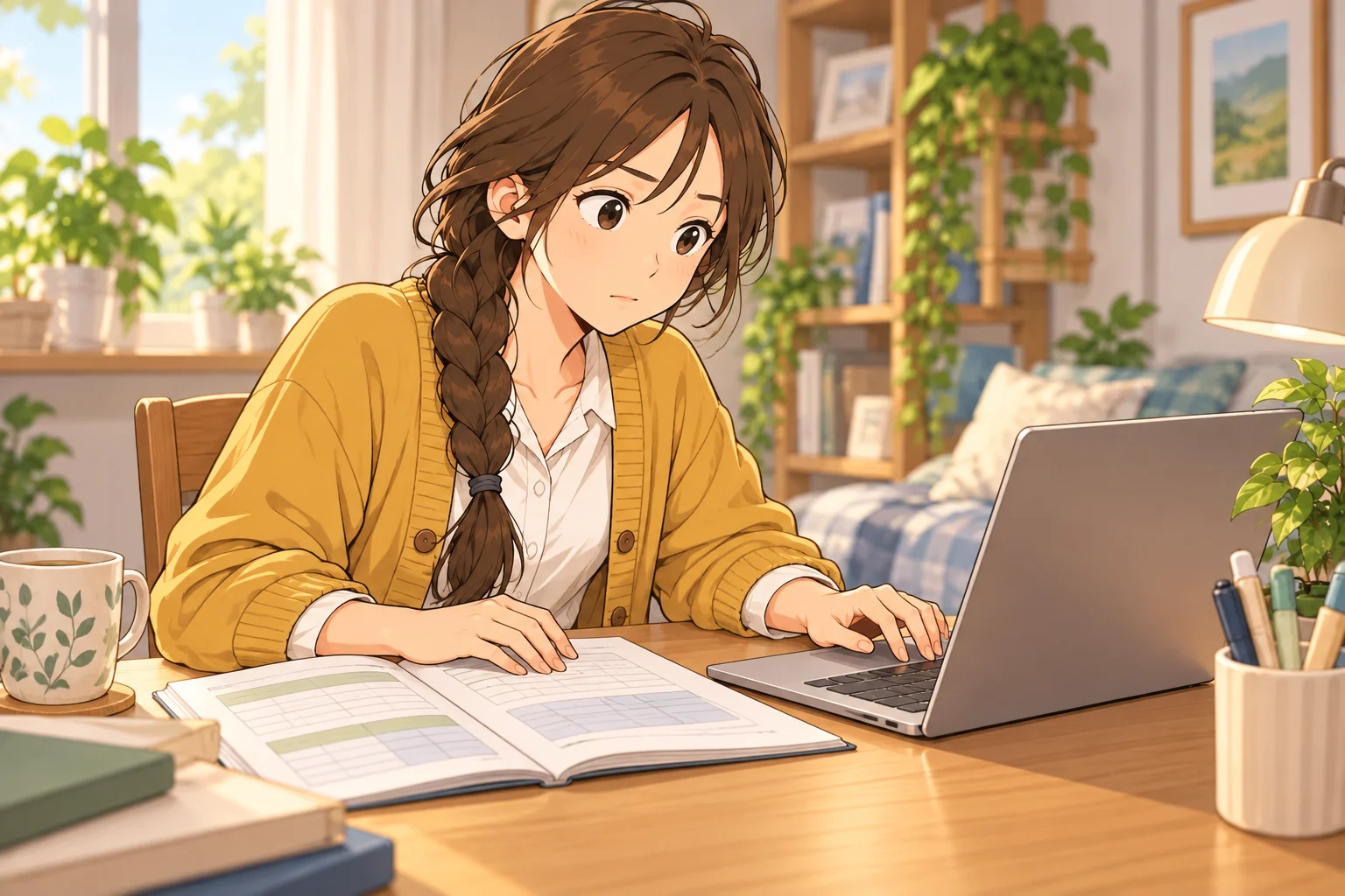 パソコンのWordとExcelの学習資料を見て、受ける科目を考える楓