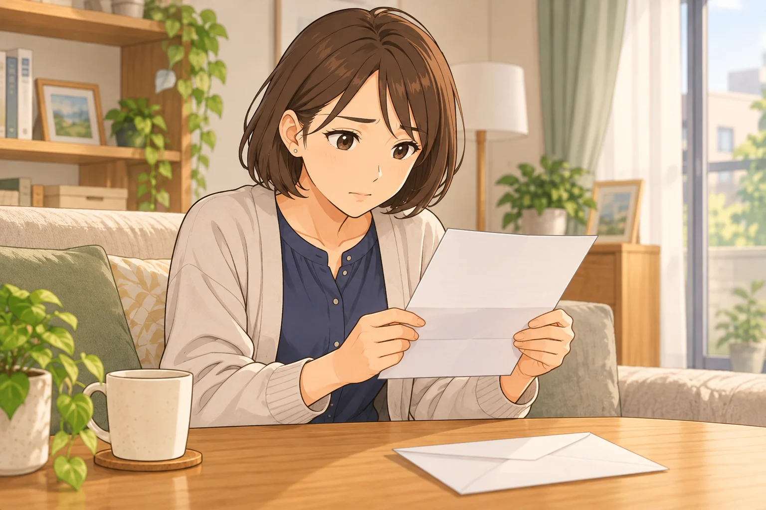 開封した家賃の通知を両手で持ち、肩を落として読む美緒