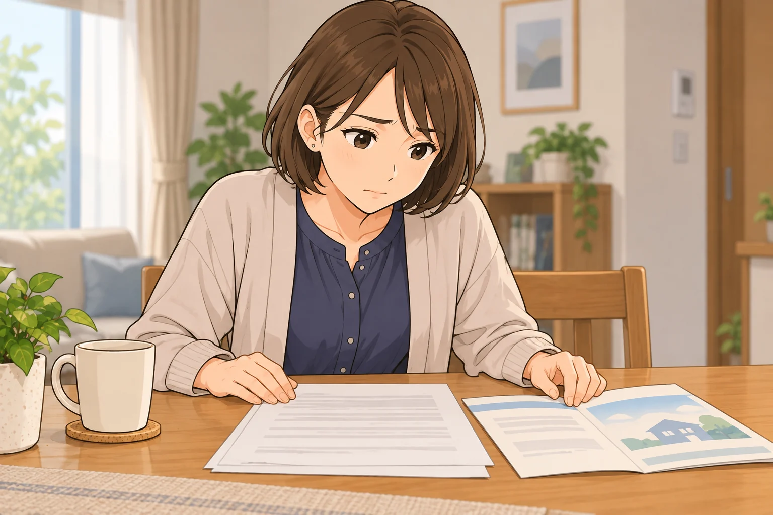 入居書類と保険の資料を前に、少し不安そうな表情で考える美緒
