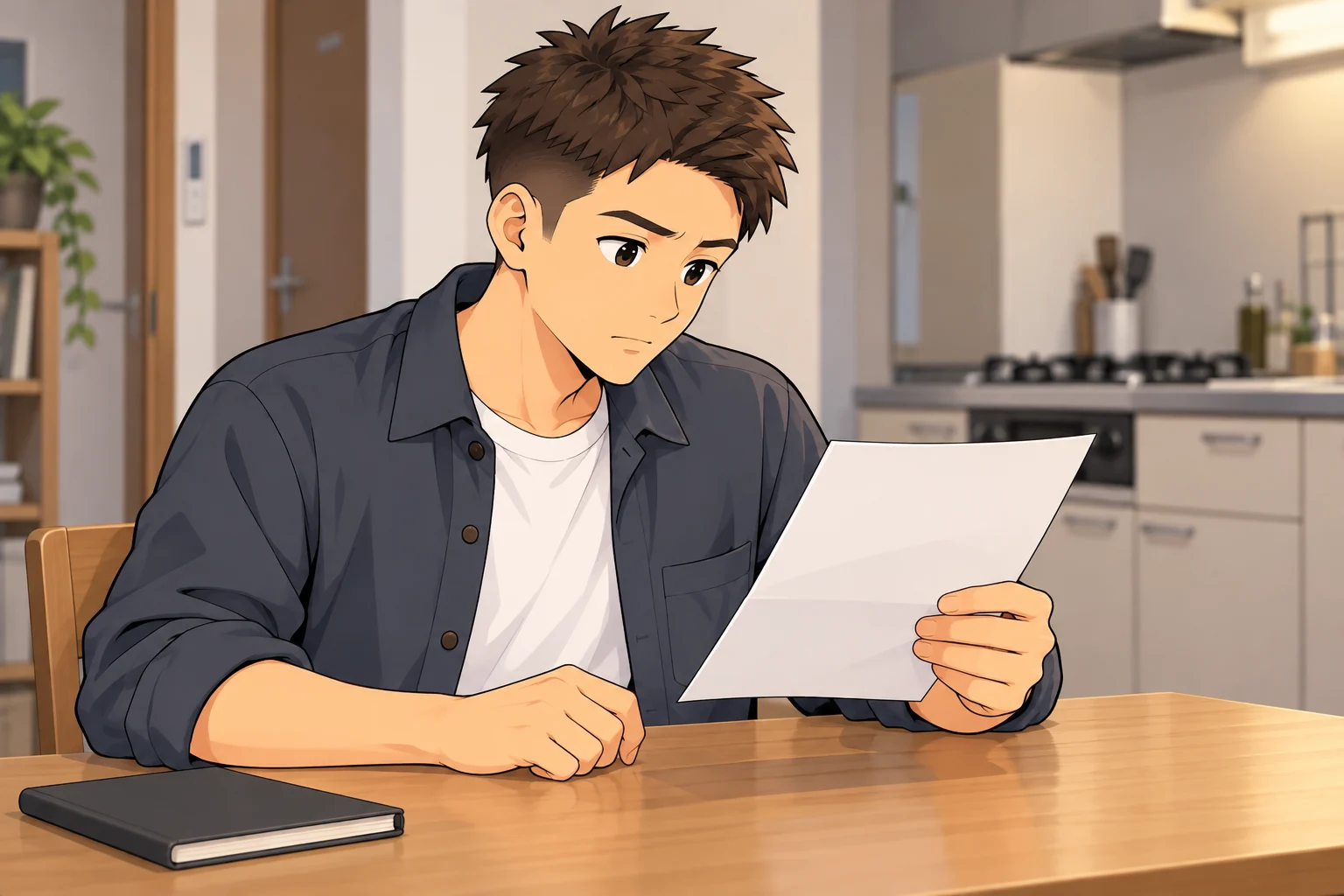 小さな部屋の机でガスの請求書を読み、困惑した表情を浮かべる拓海