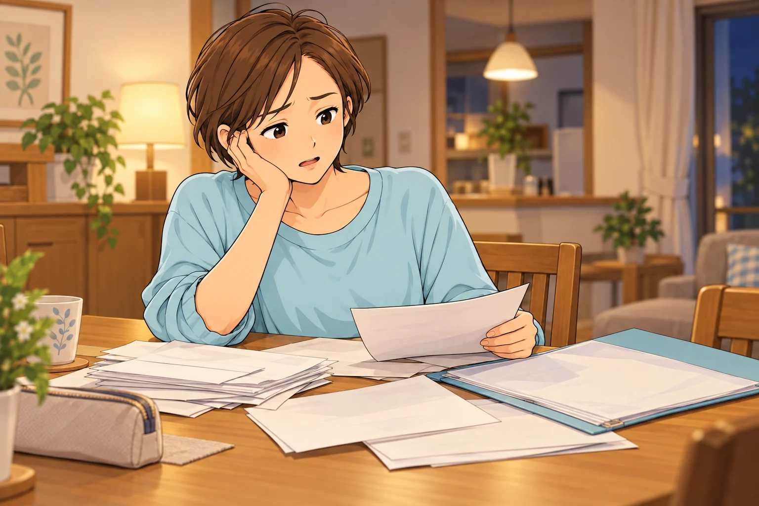 学校のプリントの束と開いたファイルを前に、少し困った表情で座る千尋