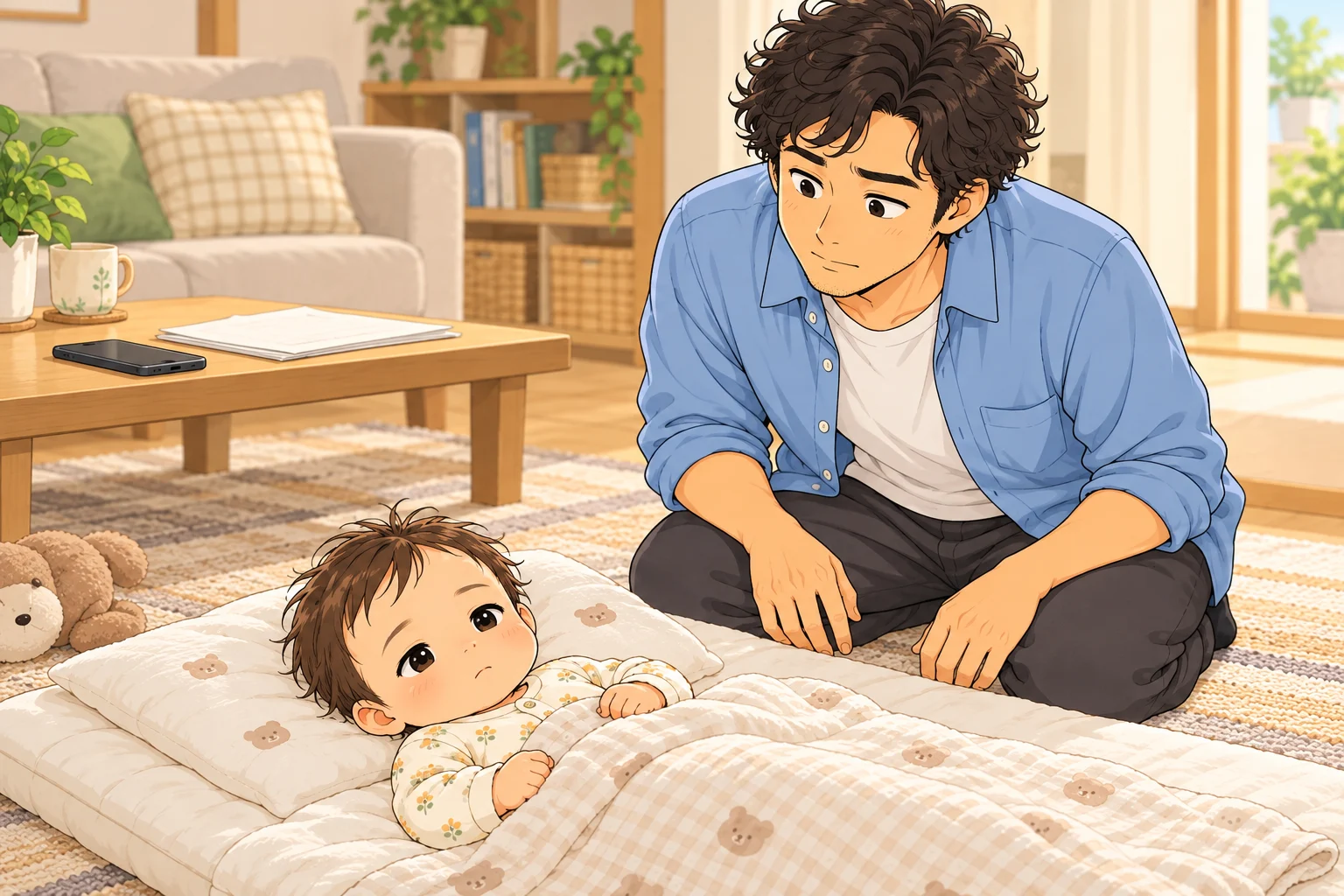 自宅の低い布団で休む陽をそばで見守り、心配そうにする直人