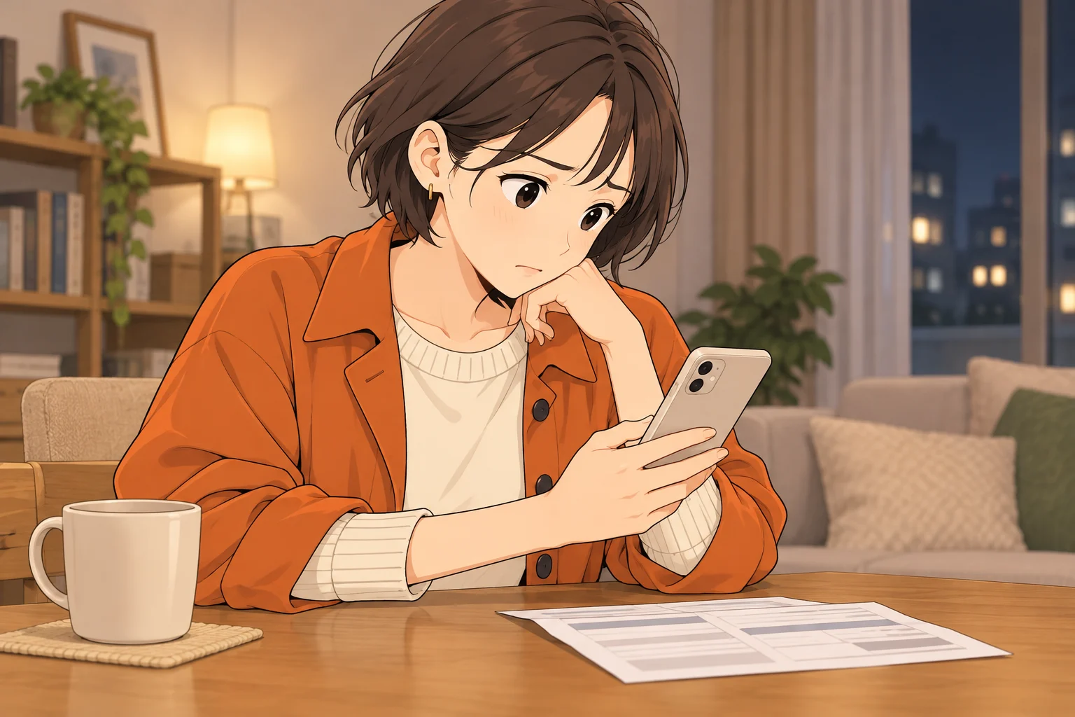 自宅でスマートフォンと請求明細を見比べ、困った表情を浮かべる紗良