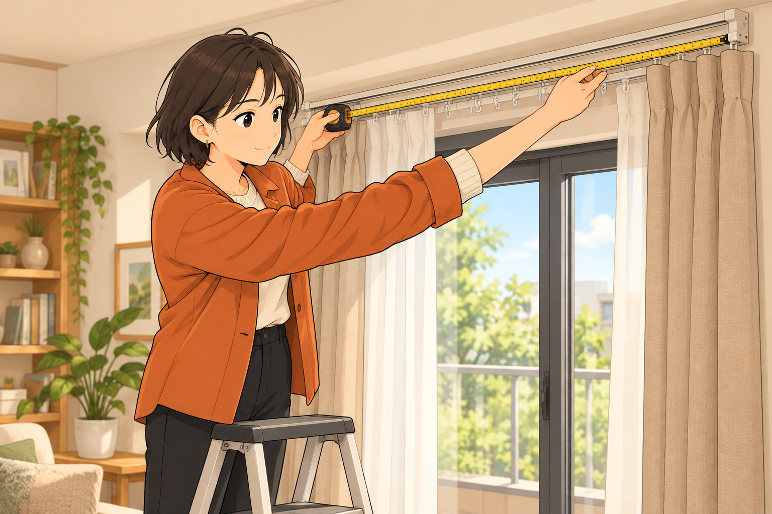 カーテンレールにメジャーを当てて幅を確かめる紗良