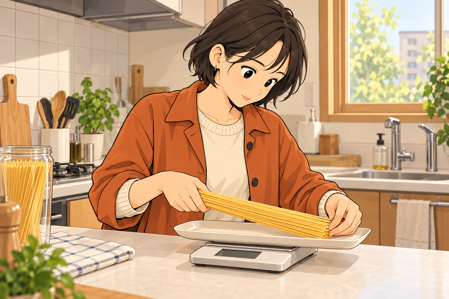 はかりの上の皿に乾燥スパゲティを載せる紗良