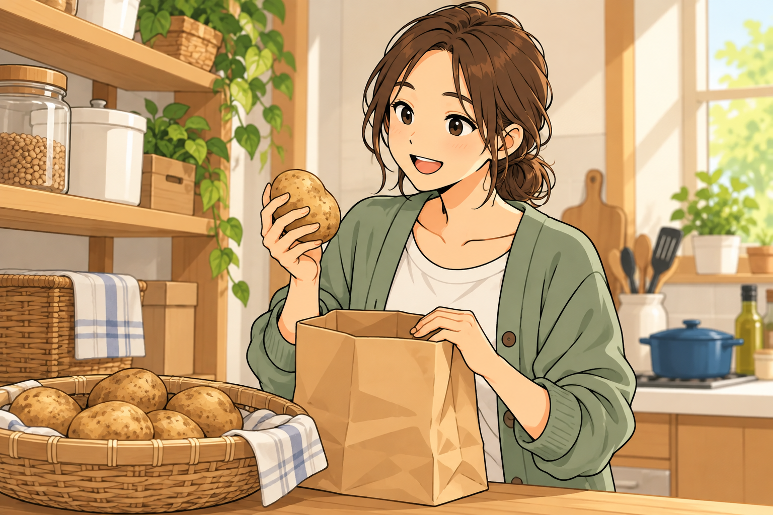 新鮮なじゃがいもと紙袋を見ながら保存場所を考える葵